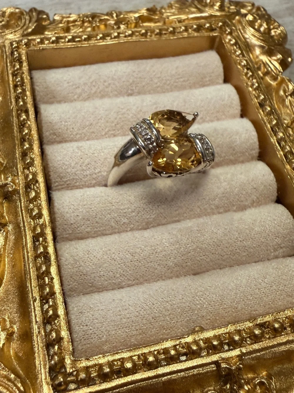 Sterling Silver Dual Pear Citrine with White Topaz Ring - Size 6